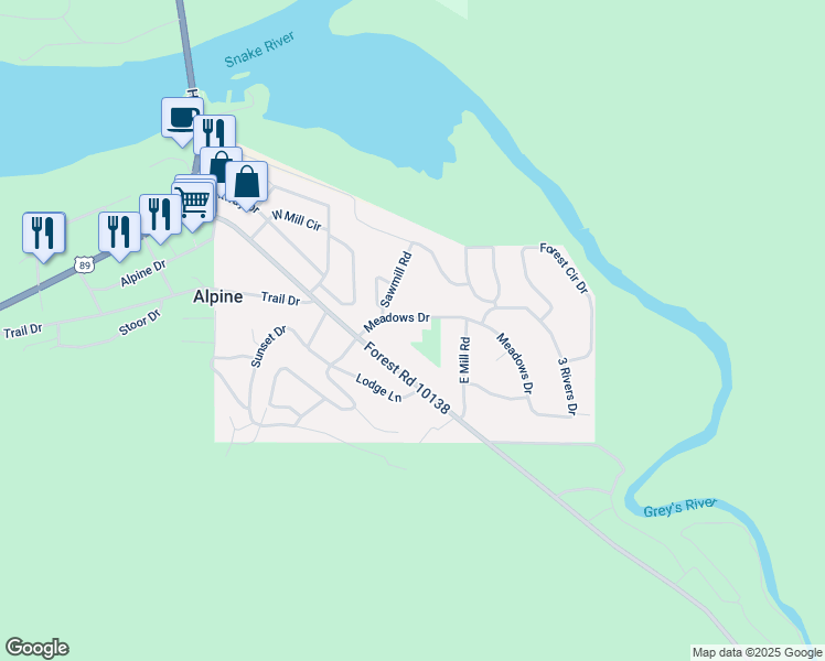 map of restaurants, bars, coffee shops, grocery stores, and more near 275-320 Meadows Drive in Alpine