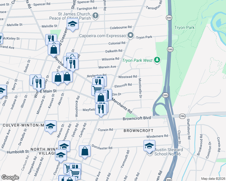 map of restaurants, bars, coffee shops, grocery stores, and more near 15 Elm Drive in Rochester