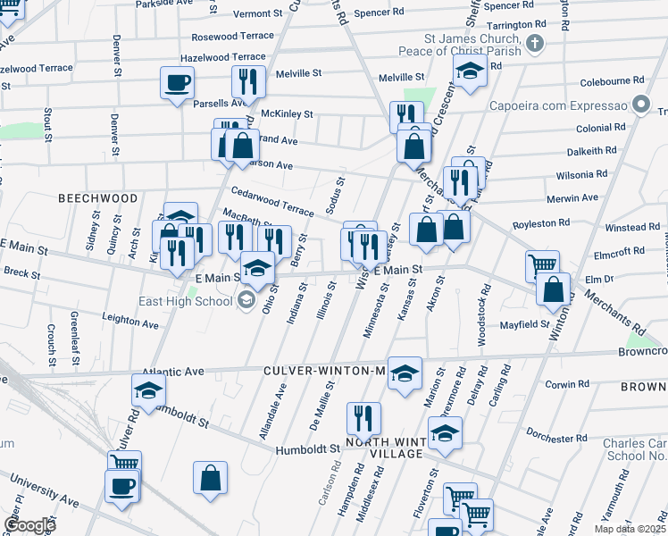 map of restaurants, bars, coffee shops, grocery stores, and more near 148 Illinois Street in Rochester