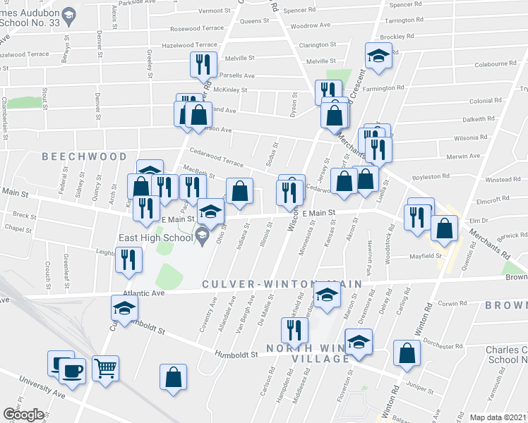 map of restaurants, bars, coffee shops, grocery stores, and more near 148 Illinois Street in Rochester