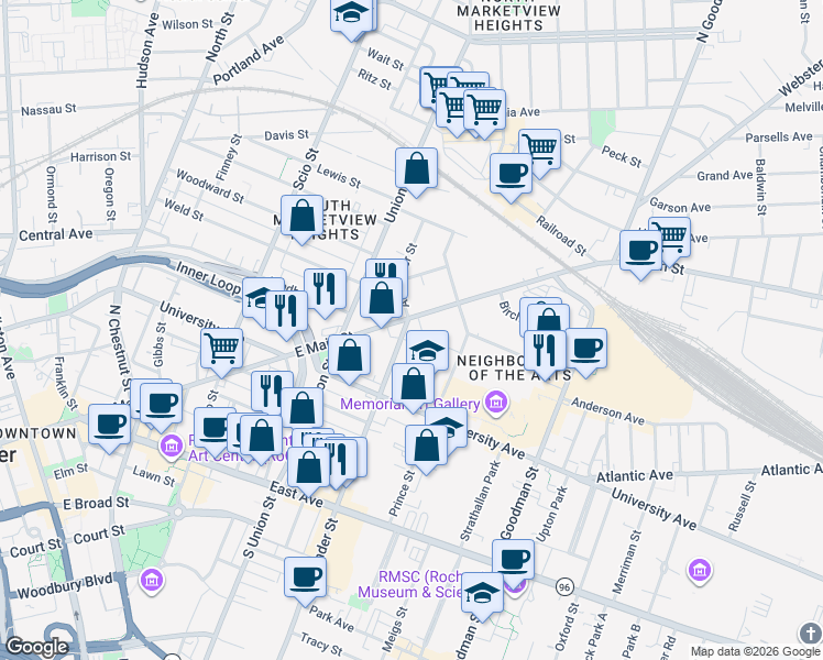 map of restaurants, bars, coffee shops, grocery stores, and more near 413 Alexander Street in Rochester