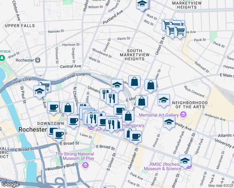 map of restaurants, bars, coffee shops, grocery stores, and more near 187 University Avenue in Rochester