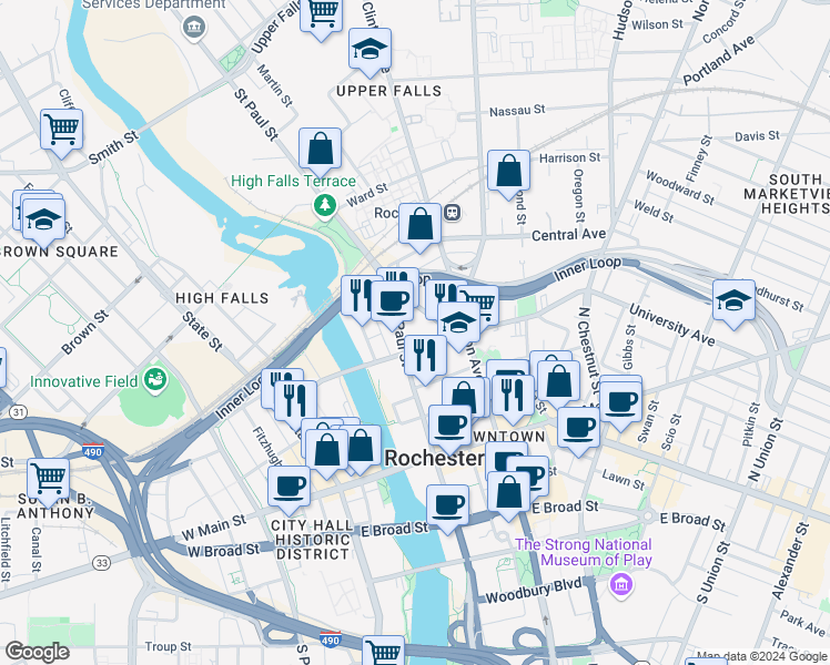 map of restaurants, bars, coffee shops, grocery stores, and more near 184 Andrews Street in Rochester