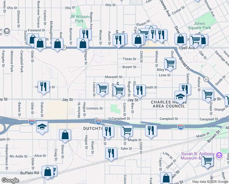map of restaurants, bars, coffee shops, grocery stores, and more near 828 Jay Street in Rochester