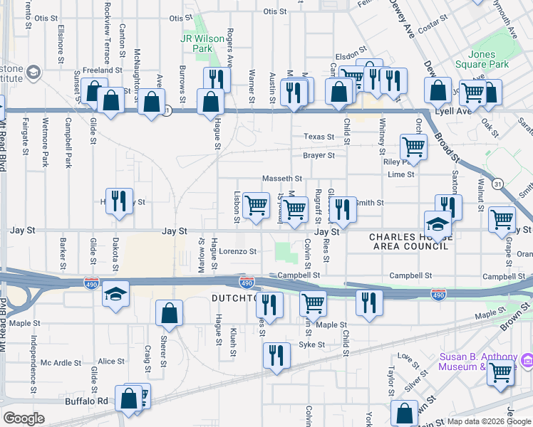map of restaurants, bars, coffee shops, grocery stores, and more near 828 Jay Street in Rochester