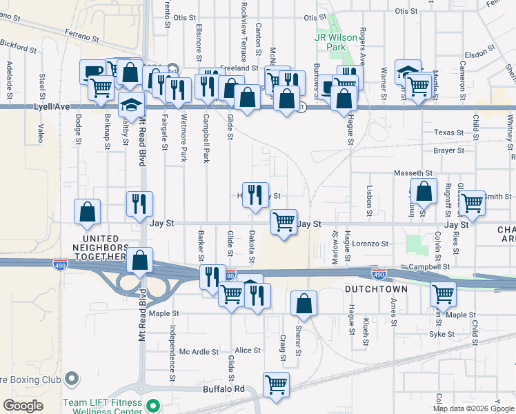 map of restaurants, bars, coffee shops, grocery stores, and more near 1148 Jay Street in Rochester