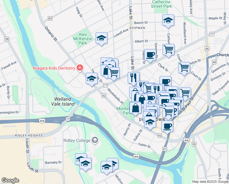 map of restaurants, bars, coffee shops, grocery stores, and more near 8 Montebello Place in St. Catharines