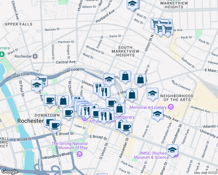map of restaurants, bars, coffee shops, grocery stores, and more near 200 University Avenue in Rochester