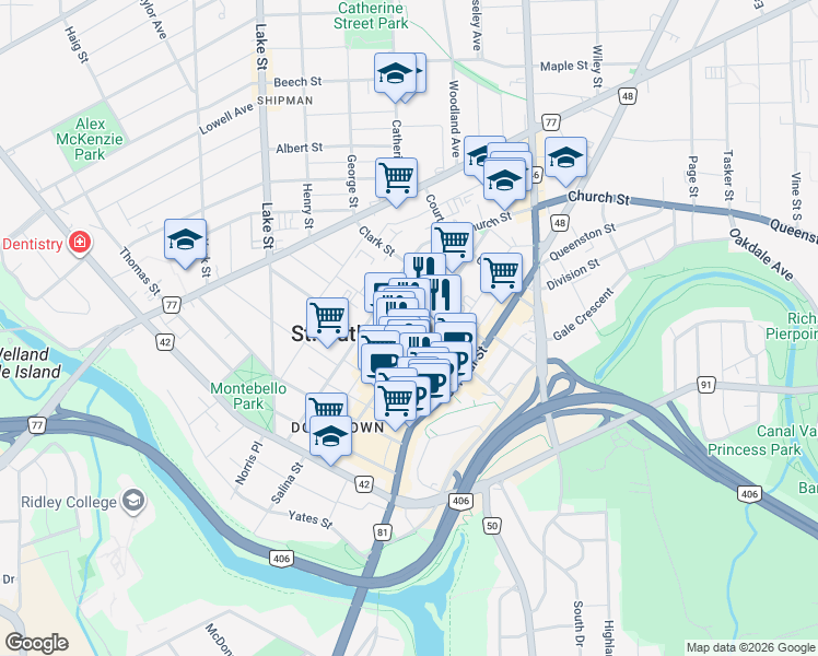 map of restaurants, bars, coffee shops, grocery stores, and more near 145 King Street in St. Catharines