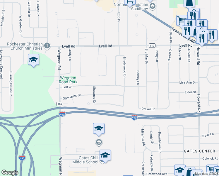 map of restaurants, bars, coffee shops, grocery stores, and more near 54 Glen Oaks Drive in Rochester