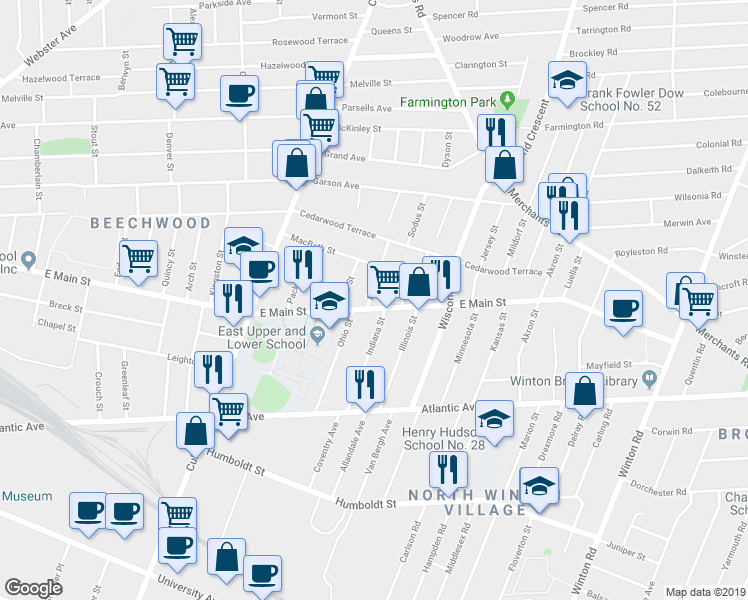 map of restaurants, bars, coffee shops, grocery stores, and more near 1866 East Main Street in Rochester