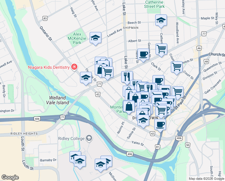 map of restaurants, bars, coffee shops, grocery stores, and more near 8 Montebello Place in St. Catharines