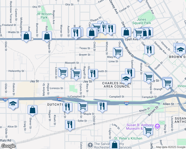 map of restaurants, bars, coffee shops, grocery stores, and more near 405 Child Street in Rochester