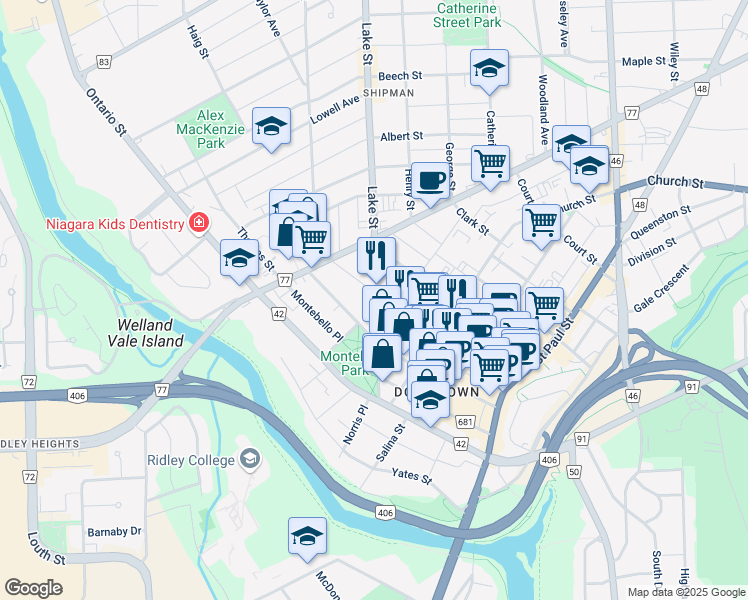 map of restaurants, bars, coffee shops, grocery stores, and more near 45 Lake Street in Saint Catharines