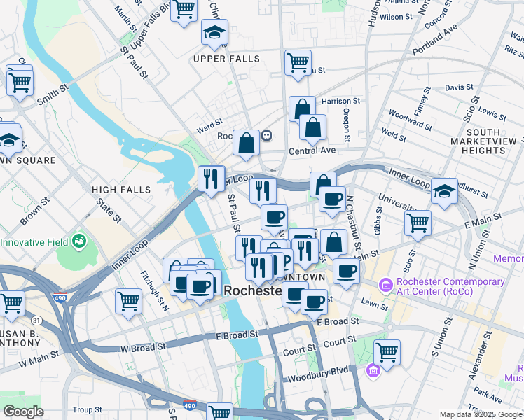 map of restaurants, bars, coffee shops, grocery stores, and more near 25 Bittner Street in Rochester