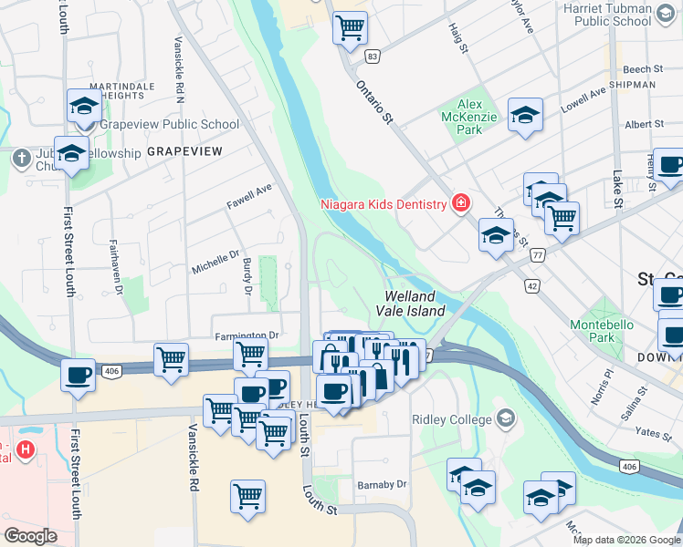 map of restaurants, bars, coffee shops, grocery stores, and more near 141 Welland Vale Road in St. Catharines
