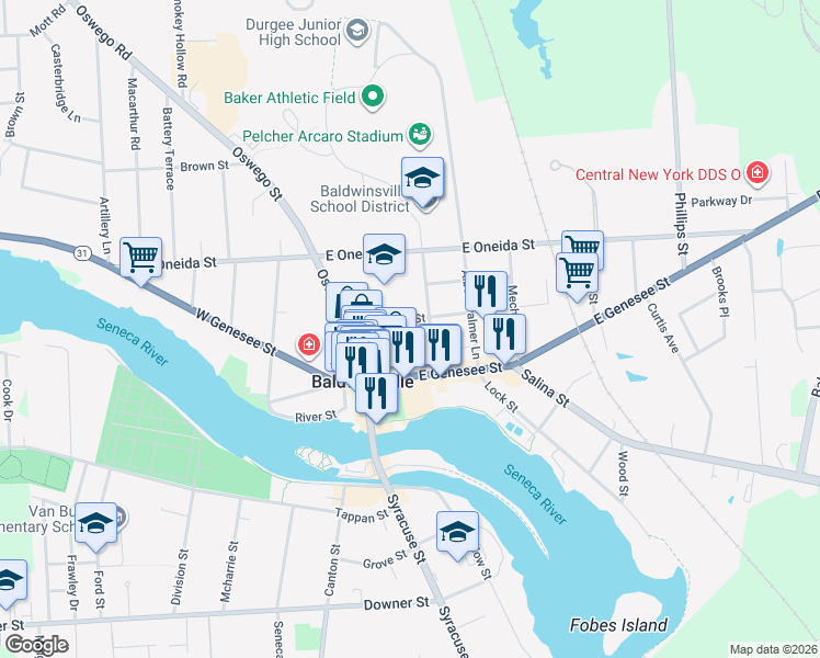 map of restaurants, bars, coffee shops, grocery stores, and more near 18 Elizabeth Street in Baldwinsville