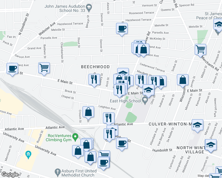map of restaurants, bars, coffee shops, grocery stores, and more near 18 Bowman Street in Rochester
