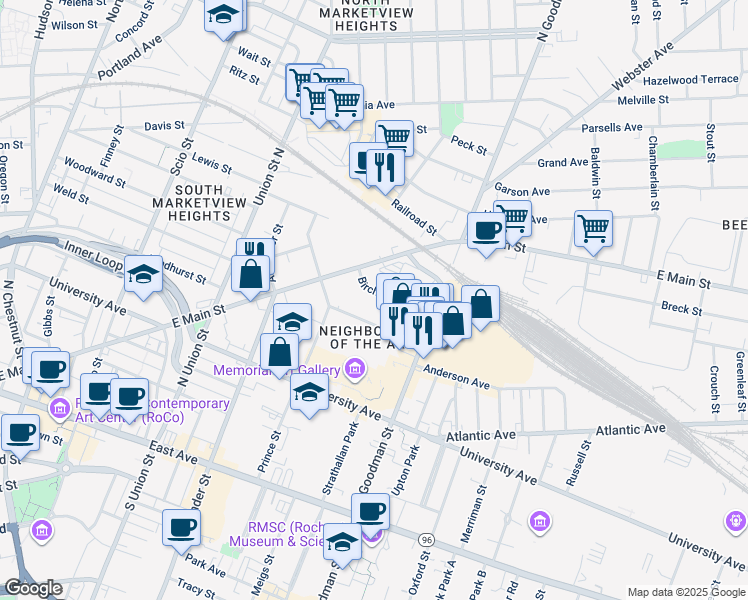 map of restaurants, bars, coffee shops, grocery stores, and more near 69 College Avenue in Rochester
