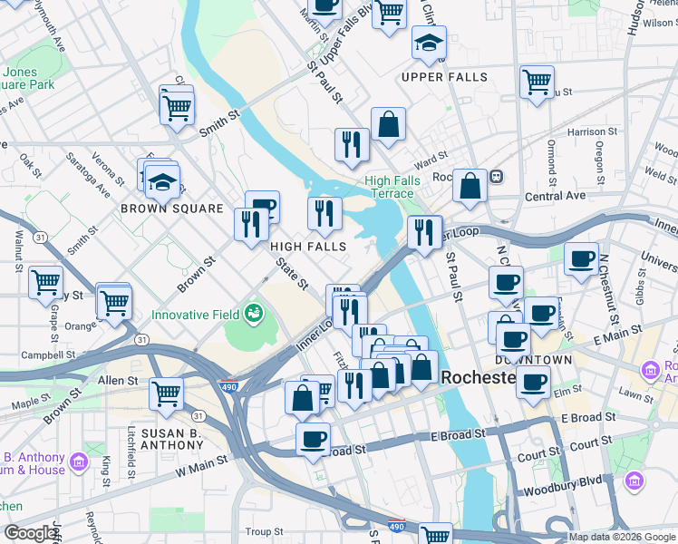 map of restaurants, bars, coffee shops, grocery stores, and more near 218 State Street in Rochester
