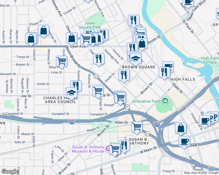 map of restaurants, bars, coffee shops, grocery stores, and more near 298 Jay Street in Rochester