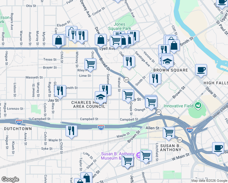 map of restaurants, bars, coffee shops, grocery stores, and more near in Rochester