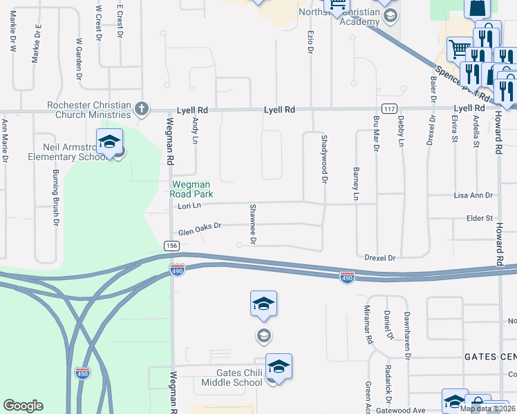 map of restaurants, bars, coffee shops, grocery stores, and more near 10 Shawnee Drive in Rochester