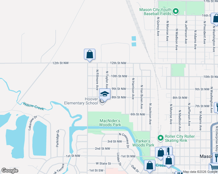 map of restaurants, bars, coffee shops, grocery stores, and more near 807 North Taylor Avenue in Mason City