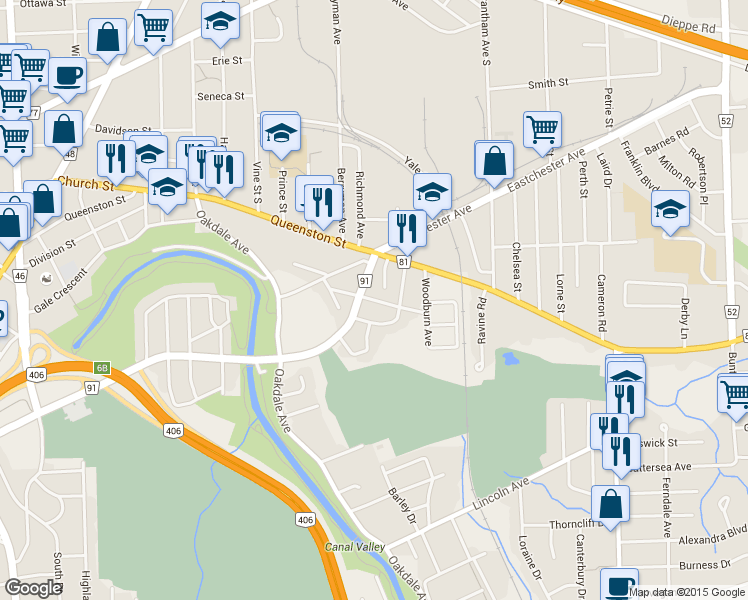 map of restaurants, bars, coffee shops, grocery stores, and more near 33 Herrick Ave in St Catharines