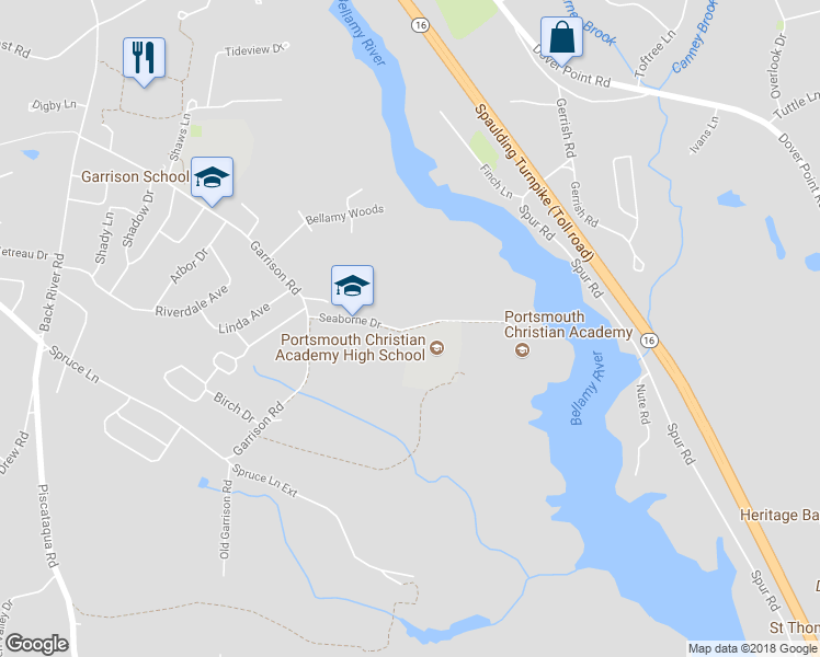 map of restaurants, bars, coffee shops, grocery stores, and more near 1 Seaborne Drive in Dover