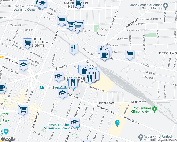 map of restaurants, bars, coffee shops, grocery stores, and more near 301 North Goodman Street in Rochester