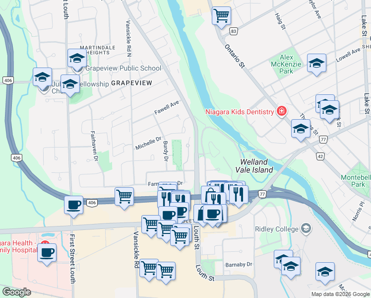map of restaurants, bars, coffee shops, grocery stores, and more near 10 Elderwood Drive in St. Catharines