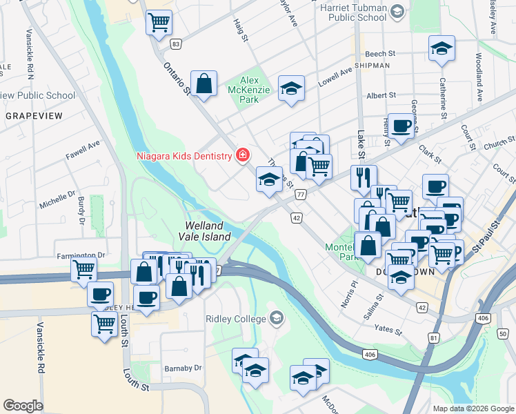 map of restaurants, bars, coffee shops, grocery stores, and more near in St. Catharines