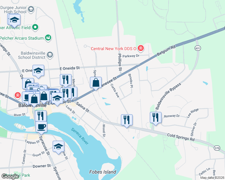 map of restaurants, bars, coffee shops, grocery stores, and more near 106 East Genesee Street in Baldwinsville