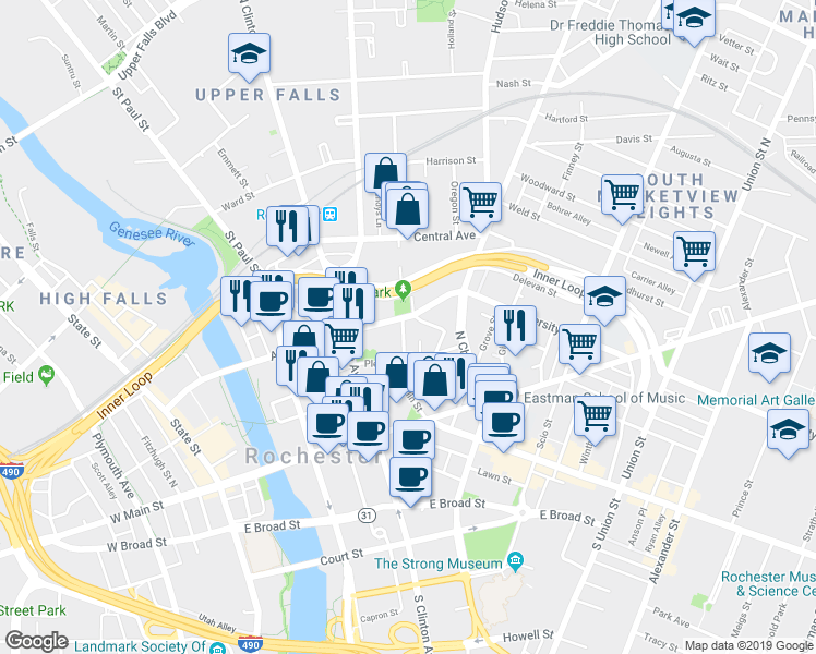 map of restaurants, bars, coffee shops, grocery stores, and more near 132 Franklin Street in Rochester