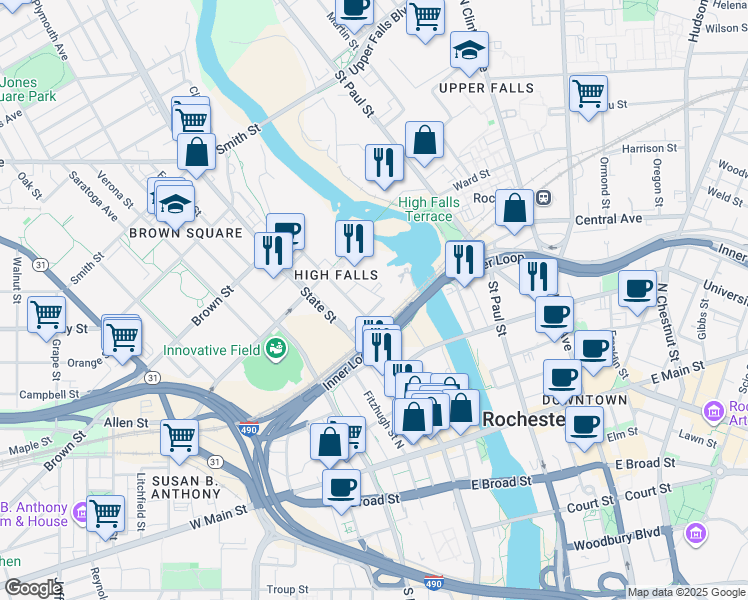 map of restaurants, bars, coffee shops, grocery stores, and more near 42 Brown Street in Rochester