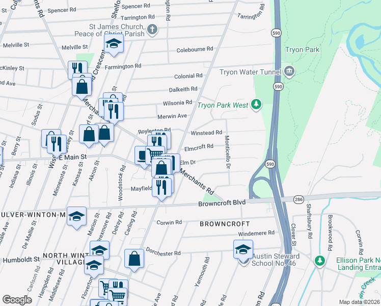 map of restaurants, bars, coffee shops, grocery stores, and more near 56 Elmcroft Road in Rochester