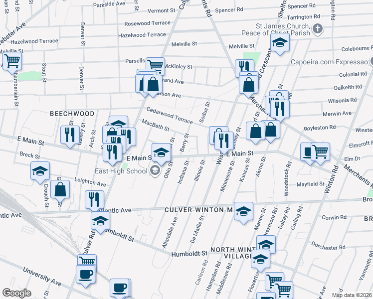 map of restaurants, bars, coffee shops, grocery stores, and more near 60 Berry Street in Rochester