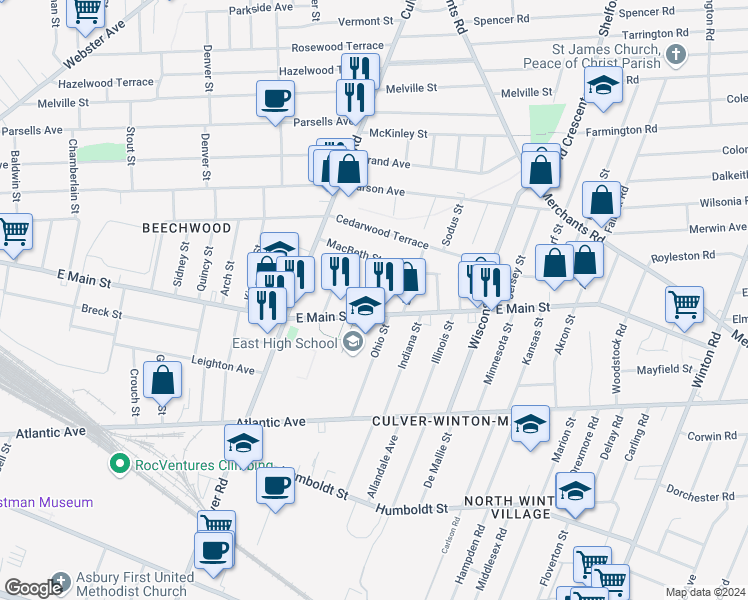 map of restaurants, bars, coffee shops, grocery stores, and more near 55 Hall Street in Rochester
