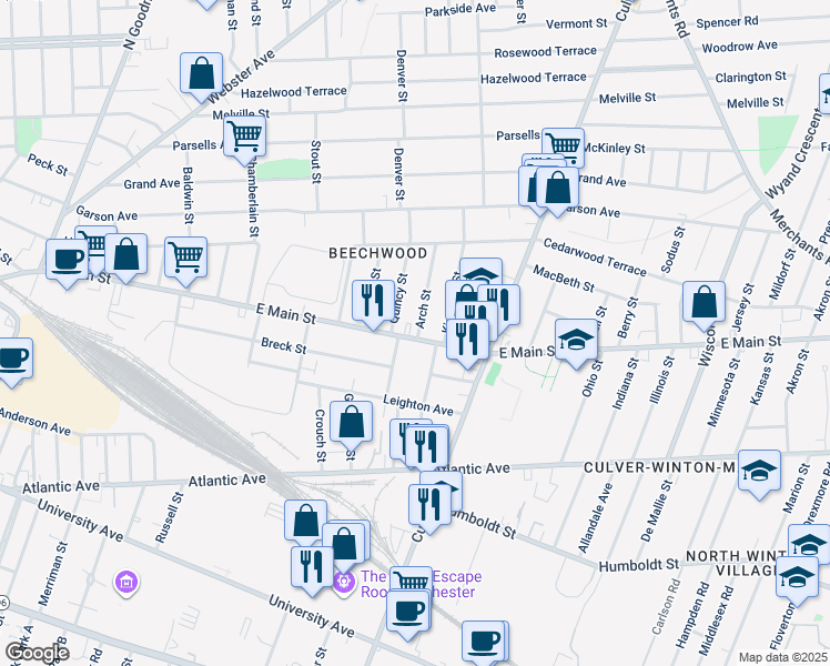 map of restaurants, bars, coffee shops, grocery stores, and more near 30 Quincy Street in Rochester