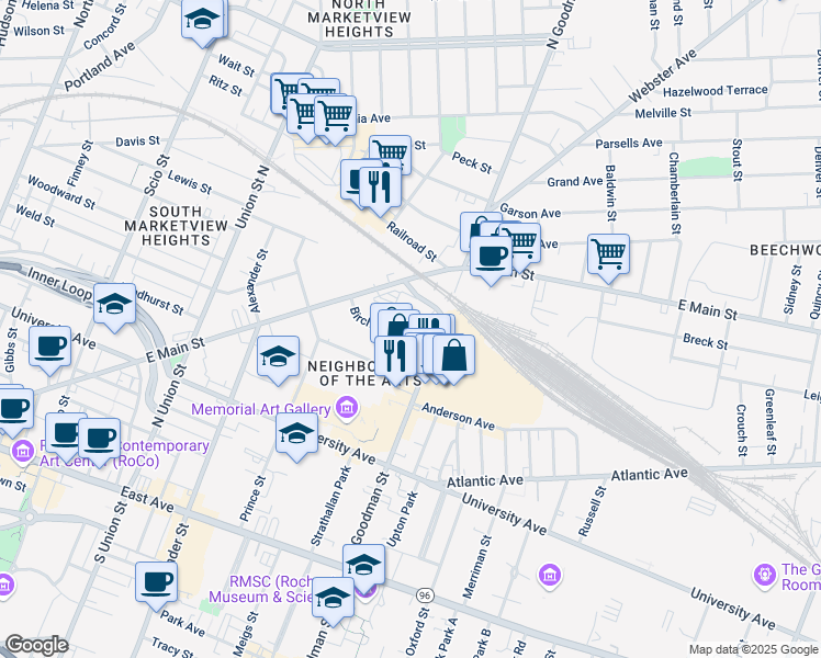 map of restaurants, bars, coffee shops, grocery stores, and more near One Circle Street in Rochester