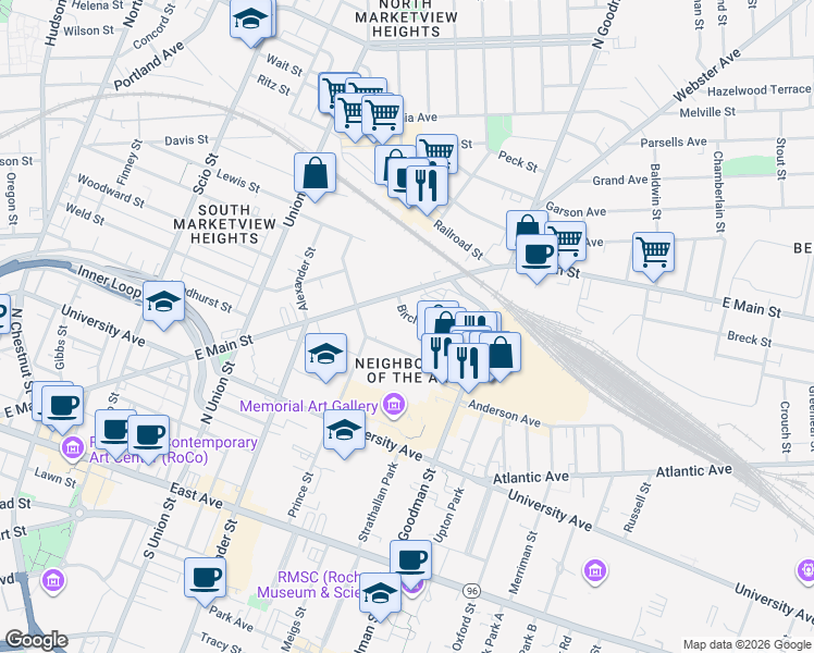 map of restaurants, bars, coffee shops, grocery stores, and more near 919 East Main Street in Rochester