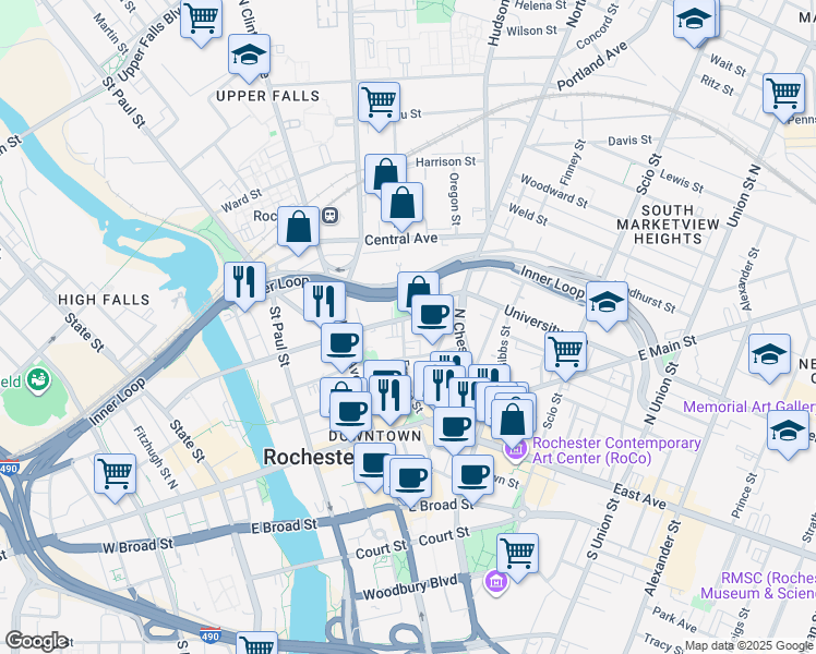 map of restaurants, bars, coffee shops, grocery stores, and more near 350 Andrews Street in Rochester