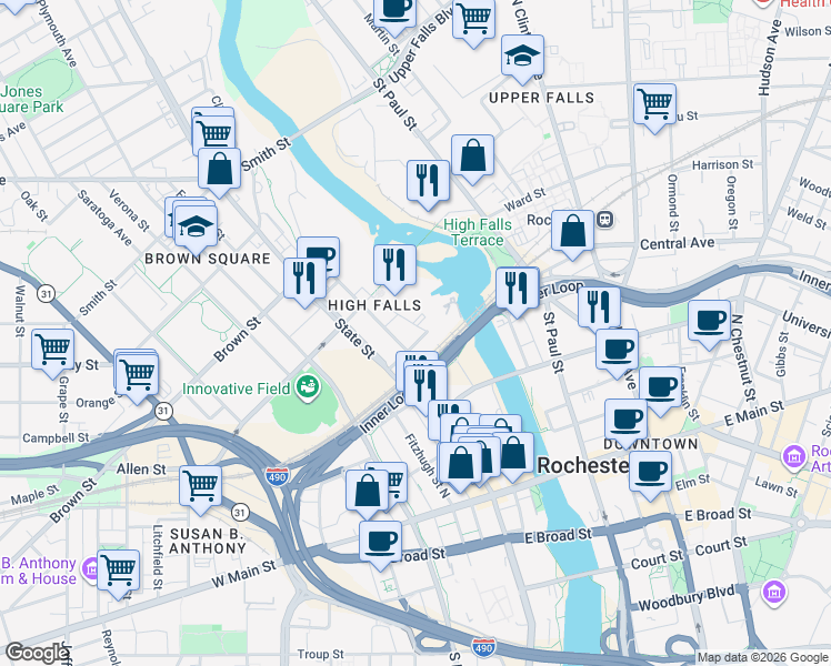 map of restaurants, bars, coffee shops, grocery stores, and more near 42 Brown Street in Rochester