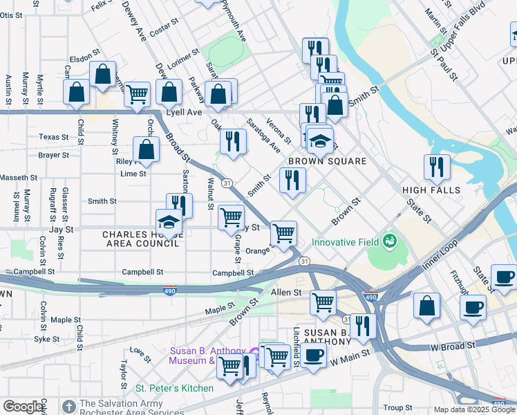 map of restaurants, bars, coffee shops, grocery stores, and more near 511 Smith Street in Rochester