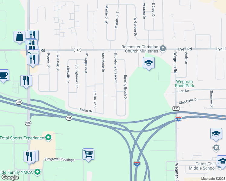 map of restaurants, bars, coffee shops, grocery stores, and more near 31 Ann Marie Drive in Rochester