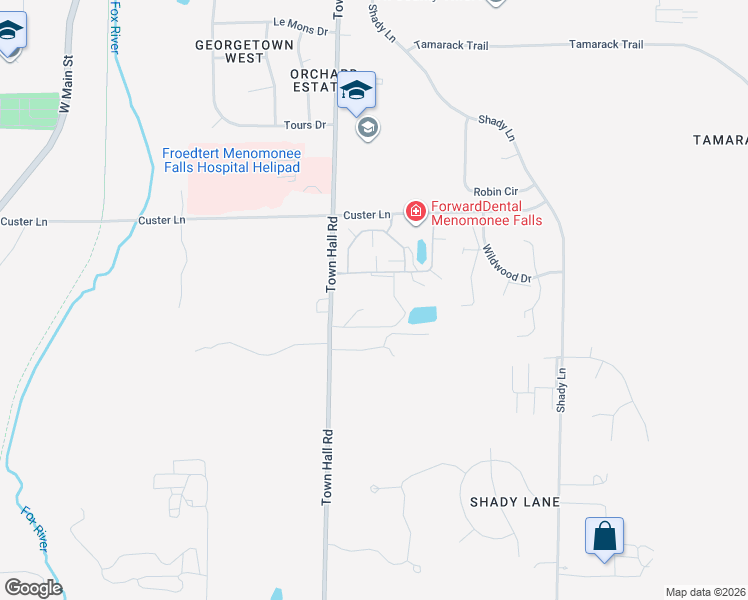 map of restaurants, bars, coffee shops, grocery stores, and more near W180n7890 Town Hall Road in Menomonee Falls