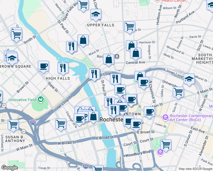 map of restaurants, bars, coffee shops, grocery stores, and more near 180 Saint Paul Street in Rochester