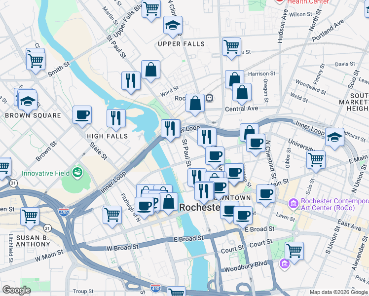 map of restaurants, bars, coffee shops, grocery stores, and more near 179 Saint Paul Street in Rochester