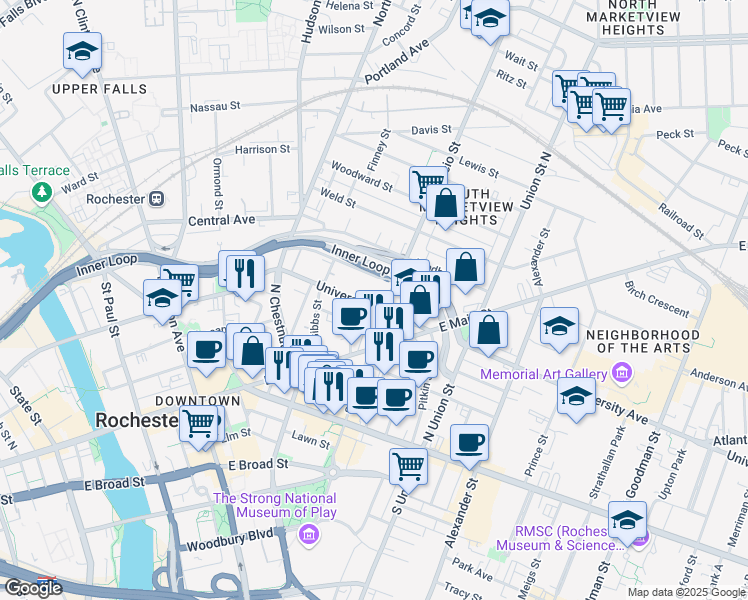 map of restaurants, bars, coffee shops, grocery stores, and more near 114 University Avenue in Rochester